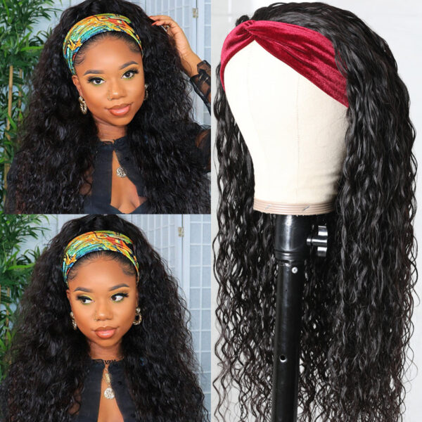 Sunber Water Wave Glueless Headband Wig Human Hair Natural Color 180% Density - 18
