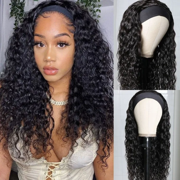 Sunber Water Wave Glueless Headband Wig Human Hair Natural Color 180% Density - 18
