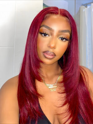 Pre-Cut Lace Wear Go Glueless Wig Burgundy Pure Color Straight Breathable - 13x4 Lace / 180% Density / 24 inch