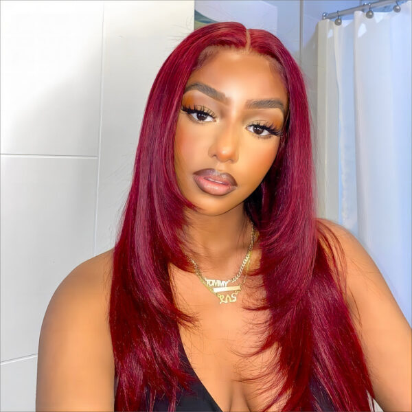Pre-Cut Lace Wear Go Glueless Wig Burgundy Pure Color Straight Breathable - 4x4 Lace / 150% Density / 22 inch