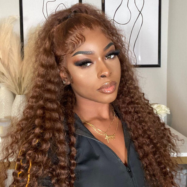 Chestnut Brown Curly Wig Pre Plucked Closure HD Lace Front Wigs 150% Density - 13x6 Lace / Yes（+） / 32inch
