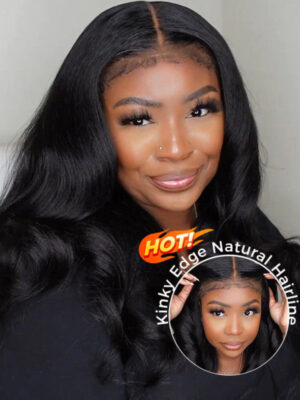 Sunber Yaki Straight Glueless Pre-cut 7x5 Bye Bye Knots Lace Closure Wig With Bleach Knots - 24 Gina Same Style / Kinky Edge 7*5 Bye Bye Knots-Yaki St