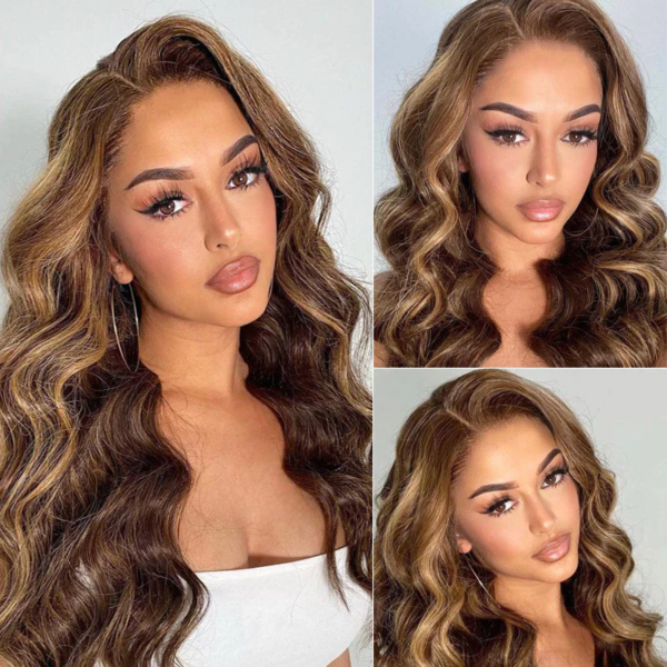 Wear&Go 4/27# Honey Blonde Highlight Piano Color Lace Front Wigs Human Hair Body Wave Glueless Wigs - 13x4Lace / 28