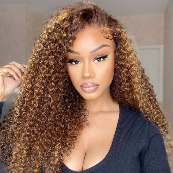 4/27 Honey Blonde With Brown Wig 360 Lace Curly Human Hair Wig 150% Density - 360 Lace / 180% / 16inch
