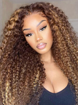 4/27 Honey Blonde With Brown Wig 360 Lace Curly Human Hair Wig 150% Density - 360 Lace / 180% / 16inch