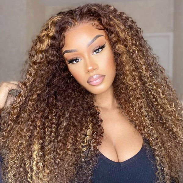 4/27 Honey Blonde With Brown Wig 360 Lace Curly Human Hair Wig 150% Density - 360 Lace / 180% / 16inch