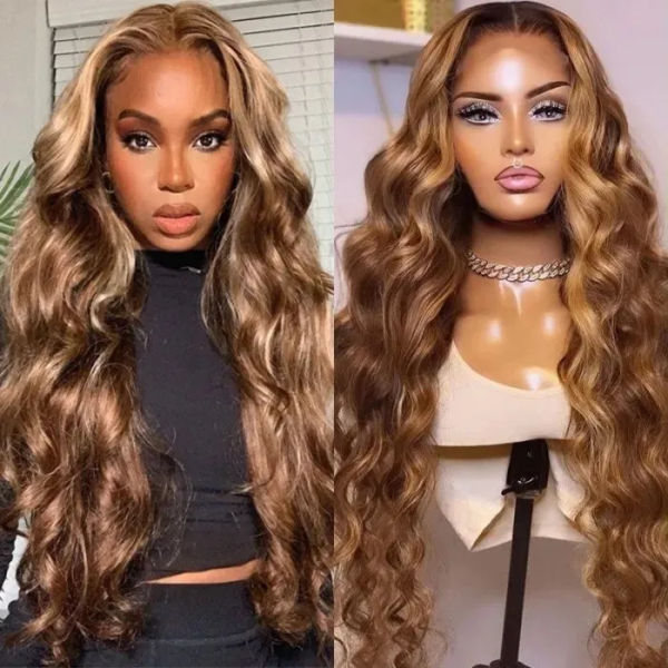 #5/27 Highlight Honey Blonde Wig Highlight Color Body Wave 4x4/13x4/13x6 Lace Wig - 13x4 Lace / Yes / 20inch