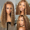 New Honey Blonde Highlight Color Curly 4x4 Frontal HD Lace Wig - 13x4 Lace / NO / 26inch