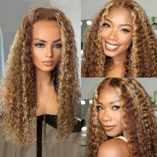 New Honey Blonde Highlight Color Curly 4x4 Frontal HD Lace Wig - 13x4 Lace / NO / 26inch