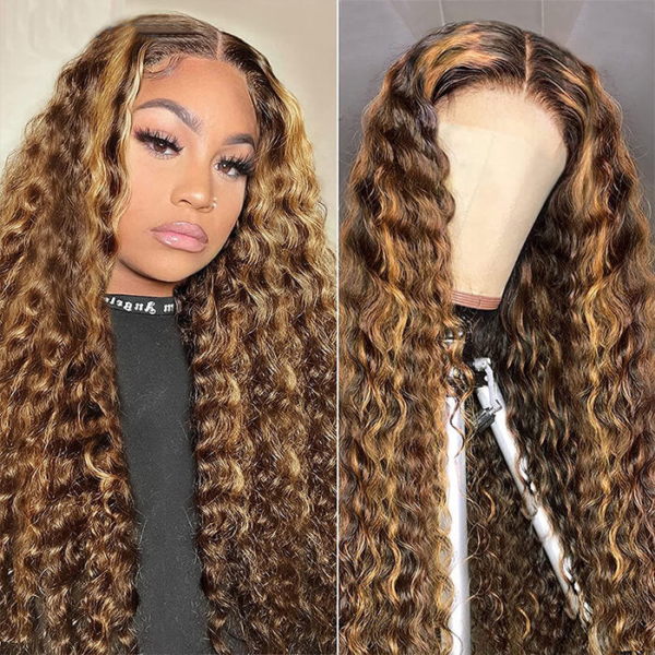 New Honey Blonde Highlight Color Curly 4x4 Frontal HD Lace Wig - 13x4 Lace / NO / 26inch
