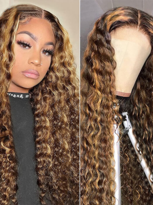 New Honey Blonde Highlight Color Curly 4x4 Frontal HD Lace Wig - 13x4 Lace / NO / 26inch