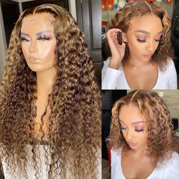 New Honey Blonde Highlight Color Curly 4x4 Frontal HD Lace Wig - 13x4 Lace / NO / 26inch