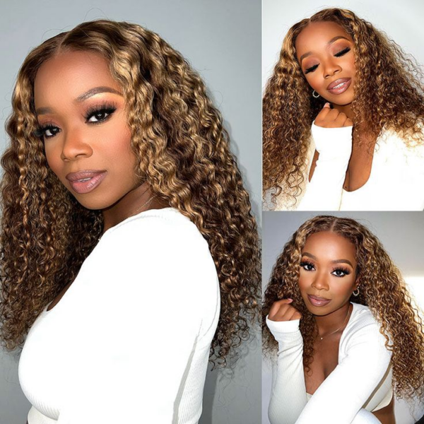 New Honey Blonde Highlight Color Curly 4x4 Frontal HD Lace Wig - 13x4 Lace / NO / 26inch