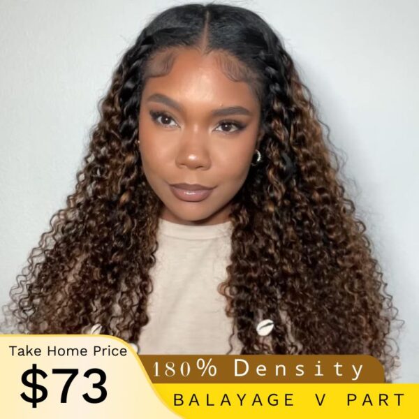 【180% Density=】Sunber Balayage Highlight Full Curly U Part Human Hair Wigs Flash Sale - 18 / V Part-180%