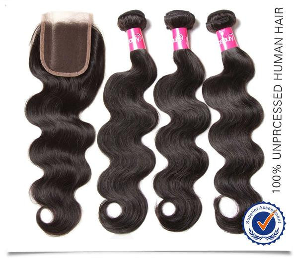 Virgin Malaysian Hair Extensions - Body Wave 4 Bundles With 4*4 Lace Closure, Tangle Free, Natural Black, No Shedding - 10 12 14 16+10