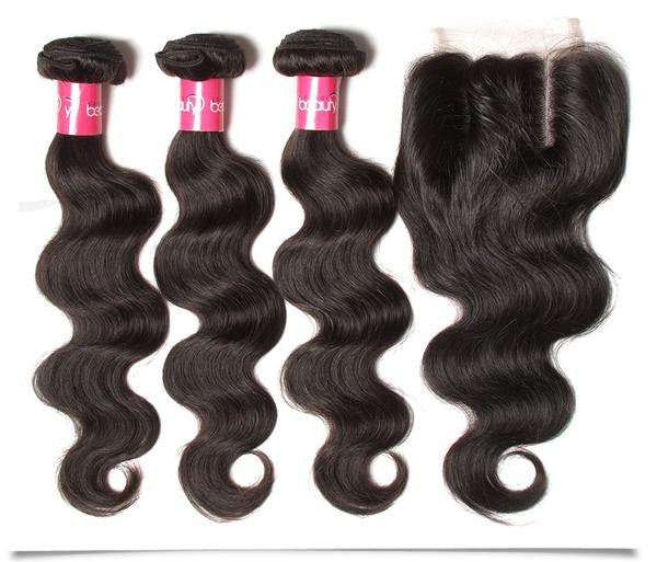 Virgin Malaysian Hair Extensions - Body Wave 4 Bundles With 4*4 Lace Closure, Tangle Free, Natural Black, No Shedding - 10 12 14 16+10