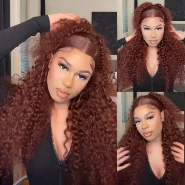 Reddish Brown Curly Wig HD Lace Front Wigs 4*4/13*4/13*6 Lace Human Hair Wig - 13x6 Lace / Yes（+） / 24inch