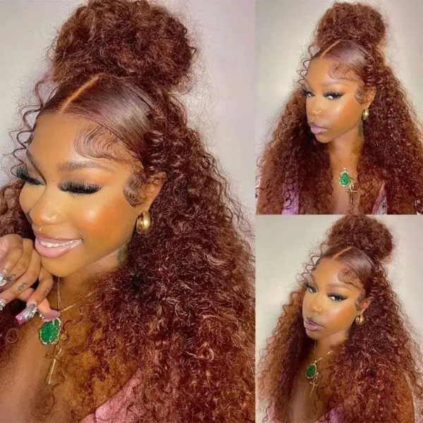 Reddish Brown Curly Wig HD Lace Front Wigs 4*4/13*4/13*6 Lace Human Hair Wig - 13x6 Lace / Yes（+） / 24inch