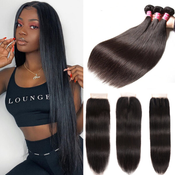 Sunber Hair Peruvian Straight Hair Bundles 3 Bundles With 4x4 inch Swiss Lace Closure, 8"-30" in stocks - 20 22 24+16