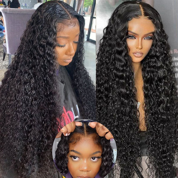 BOGO Sunber Water Wave 7*5 Pre-Cut Lace Glueless Wig Grab And Go Human Hair Wigs Natural Black Color - 22 / 7x5 Bye Bye Knots / With Baby Hair