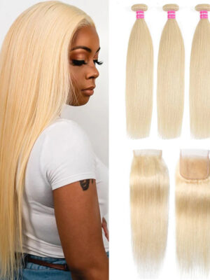 Sunber Hair 3 Bundles 613 Blonde Straight Human Hair Weaves With 4X4 Lace Closure - 10 10 10+10
