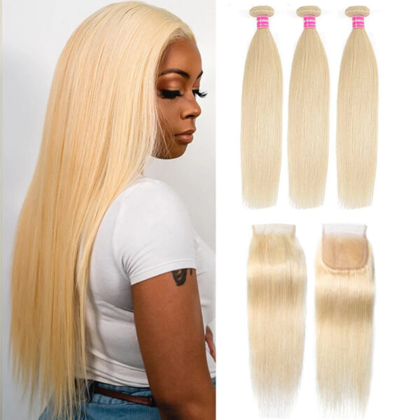 Sunber Hair 3 Bundles 613 Blonde Straight Human Hair Weaves With 4X4 Lace Closure - 12 12 12+10