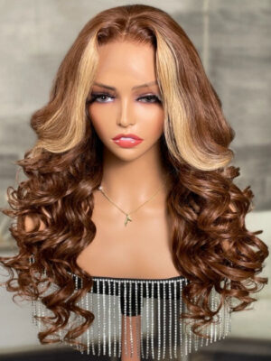 Sunber Brunette with blonde highlight 13*4 Lace Front Loose Wave Wig Face-framing Precolored Human Hair - 24