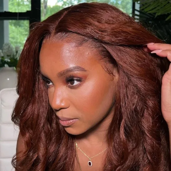 50% OFF Sunber Kinky Straight Reddish Brown Lace Front Wig Dark Auburn Copper Color Human Hair Wigs - 22 / 13*4 Lace Frontal