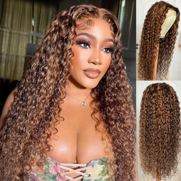 Extra 50% Off Sunber Piano Brown Highlight 13 By 4 Pre-Everything Lace Frontal Wigs Water Wave Human Hair - 22 / 13*5*0.5 T Part Lace Front
