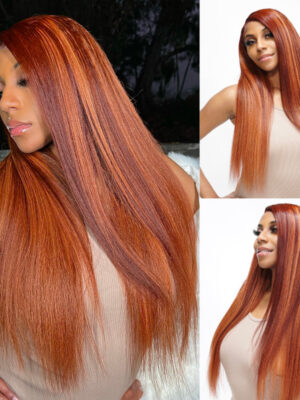 0 OFF Sunber Kinky Straight 13*4 Pre-Everything Wig Ginger Copper Red Highlight Lace Front Wigs - 22 / 13x4 Lace-Kinky Straight