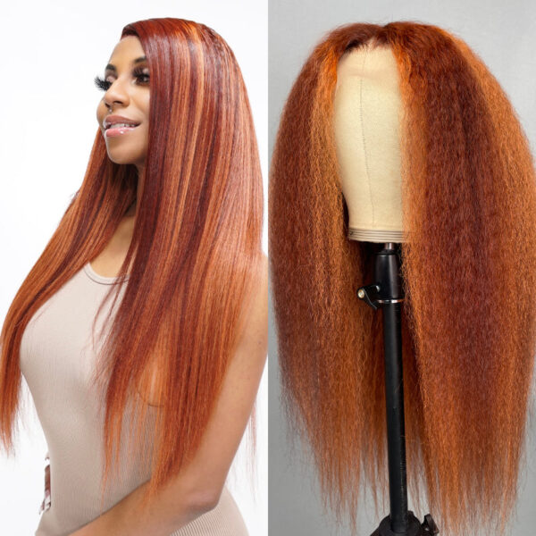 0 OFF Sunber Kinky Straight 13*4 Pre-Everything Wig Ginger Copper Red Highlight Lace Front Wigs - 22 / 13x4 Lace-Kinky Straight