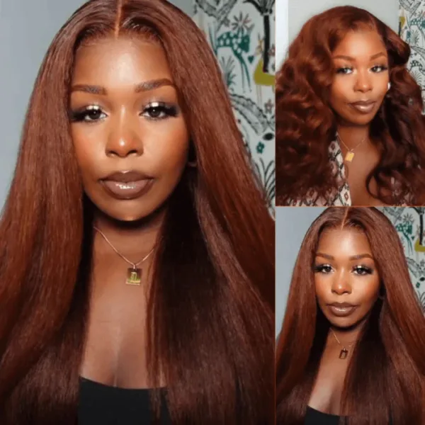 50% OFF Sunber Kinky Straight Reddish Brown Lace Front Wig Dark Auburn Copper Color Human Hair Wigs - 22 / 13*4 Lace Frontal