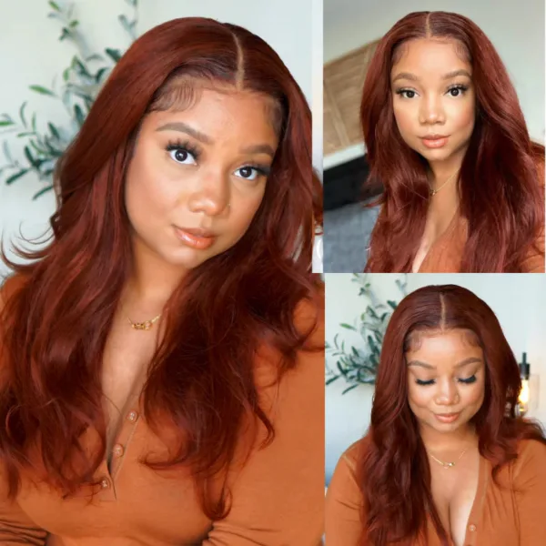 50% OFF Sunber Kinky Straight Reddish Brown Lace Front Wig Dark Auburn Copper Color Human Hair Wigs - 22 / 13*4 Lace Frontal