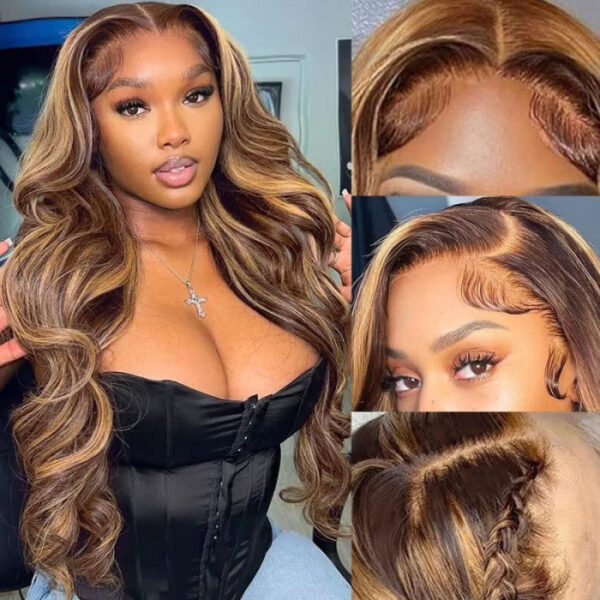 Extra 70% OFF| Sunber Body Wave Honey Blonde Highlights 7x5 Pre-Cut Lace Closure Human Hair Wig - 14 / 7x5 Bye Bye Knots-With Baby Hair