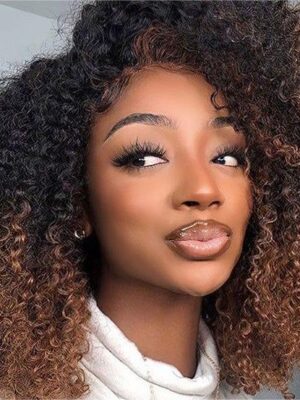 Ombre Color Curly Wig Lace Closure Wig Black With Medium Brown Human Hair Wig - 360 Lace / 180% / 28inch