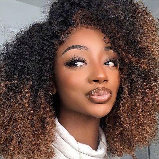 Ombre Color Curly Wig Lace Closure Wig Black With Medium Brown Human Hair Wig - 13x4 Lace / 180% / 16inch
