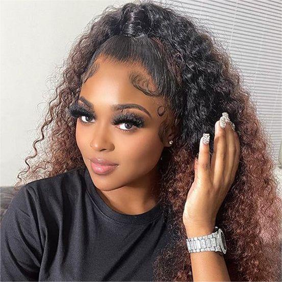 Ombre Color Curly Wig Lace Closure Wig Black With Medium Brown Human Hair Wig - 13x4 Lace / 180% / 16inch