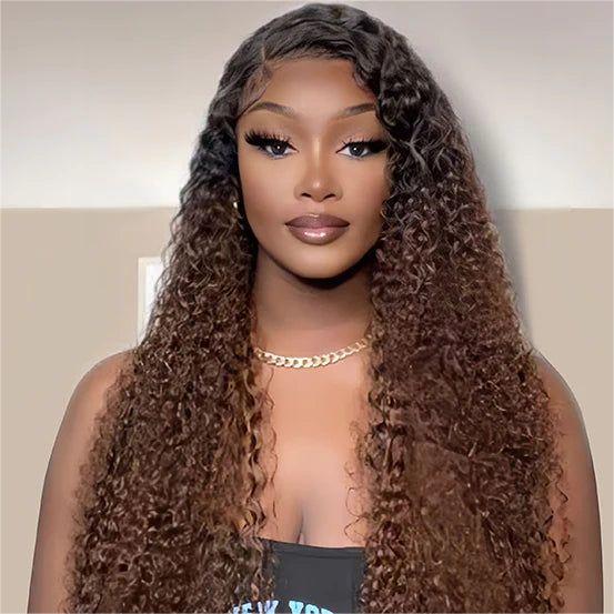 Ombre Color Curly Wig Lace Closure Wig Black With Medium Brown Human Hair Wig - 13x4 Lace / 180% / 16inch