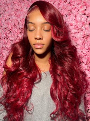 Pre-Cut Lace Wear Go Glueless Wig Burgundy Pure Color Body Wave Breathable - 13x4 Lace / 180% Density / 20 inch