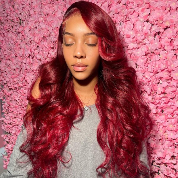Pre-Cut Lace Wear Go Glueless Wig Burgundy Pure Color Body Wave Breathable - 4x4 Lace / 180% Density / 32 inch